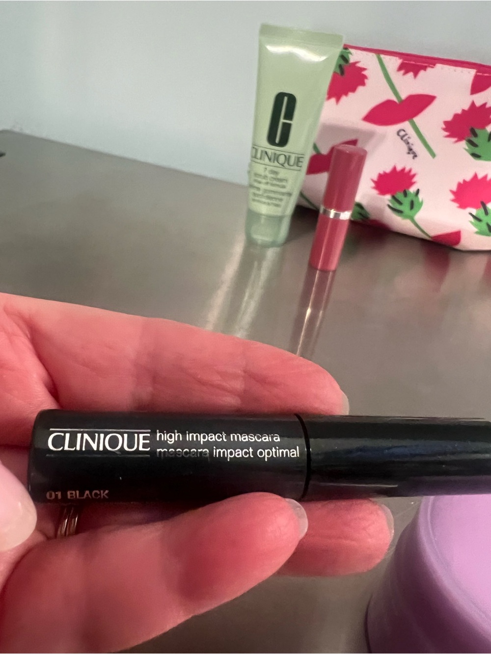 Clinique Lipstick, Mascara & 2 Other Products & Flowered Pouch - Picture 3 of 6